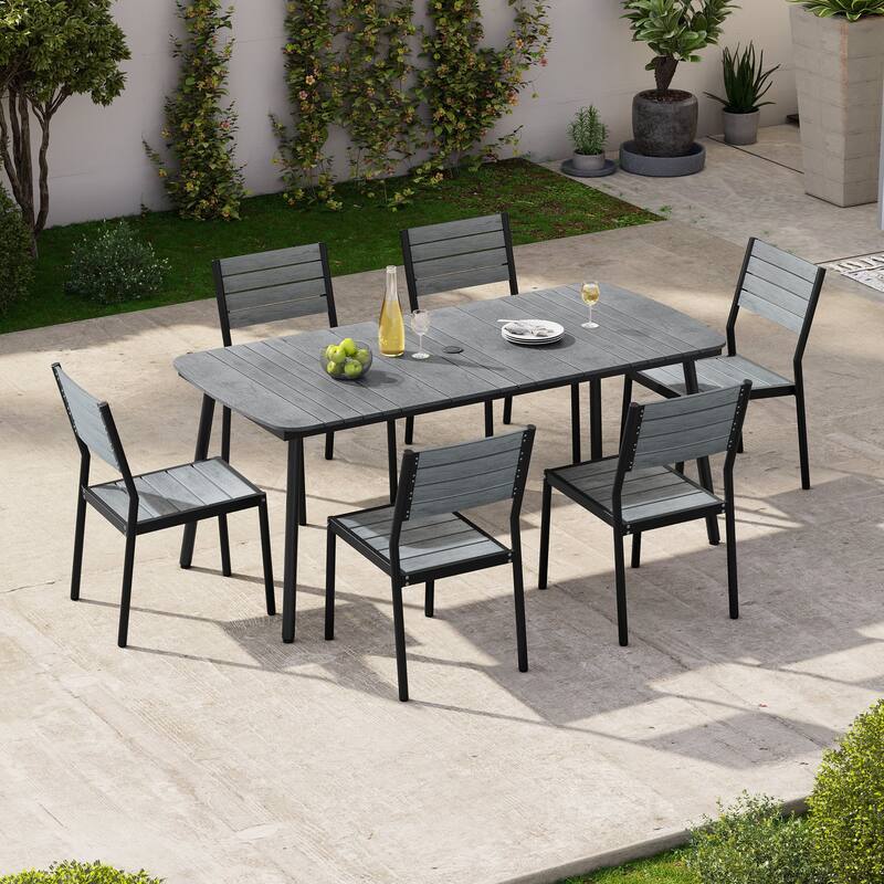 7-Piece Patio Outdoor Dining Set Aluminum Rectangle Table with Umbrella Hole and Stacking Chairs
