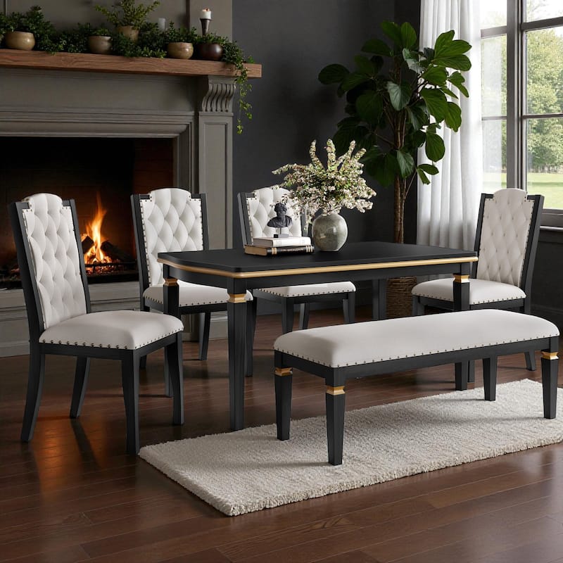 6-Piece Dining Table Set with 4 Tufted Chairs and Bench, 60" Rectangular Wood Table, Modern Dining Room Furniture