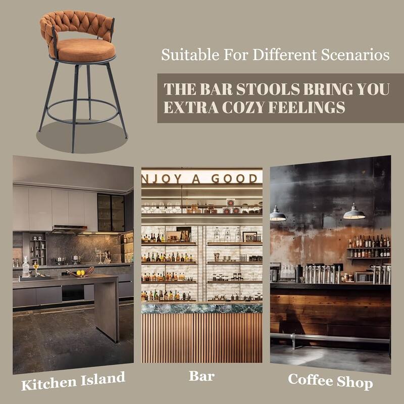 XINMICS 360° Swivel Bar Stools, 24 Inches Modern Counter Height Bar Stools with Woven Back, Upholstered Suede Tall Barstools