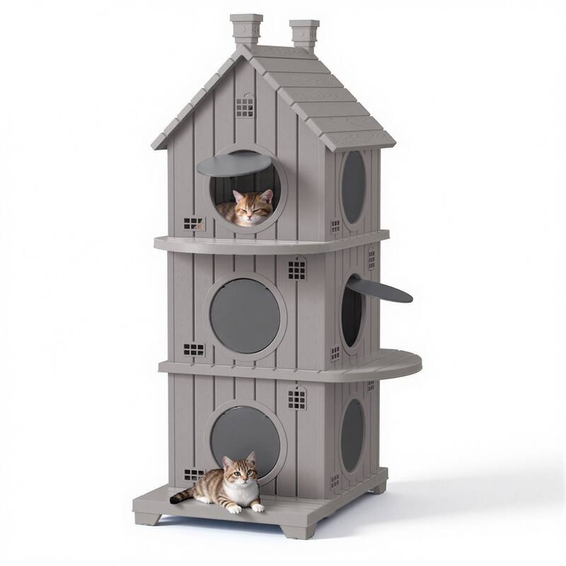 Slanted Roof Cabin Pet House with Porch, Multi-Level Stackable Shelter for Indoor Outdoor Use, for Cats Small Dogs Rabbits - Brown C