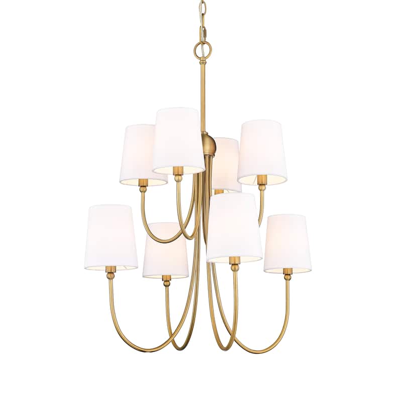 8 Light Large Rustic 26"W x 31"H with Shades Two-tier Chandelier in Aged Brass