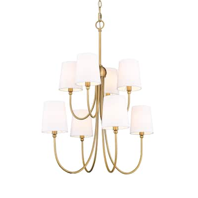 8 Light Large Rustic 26"W x 31"H with Shades Two-tier Chandelier in Aged Brass