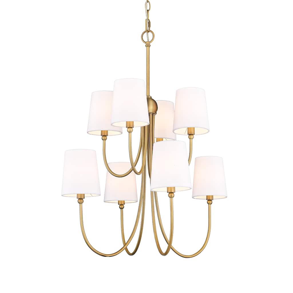 8 Light Large Rustic 26"W x 31"H with Shades Two-tier Chandelier in Aged Brass