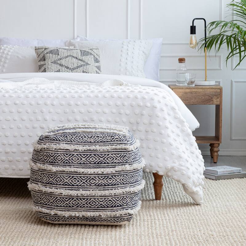 Jani Ouray 20 x 20 x 20 Blue & Ivory Square Pouf Ottoman - Handmade Footrest for Living Room, Bedroom, Nursery