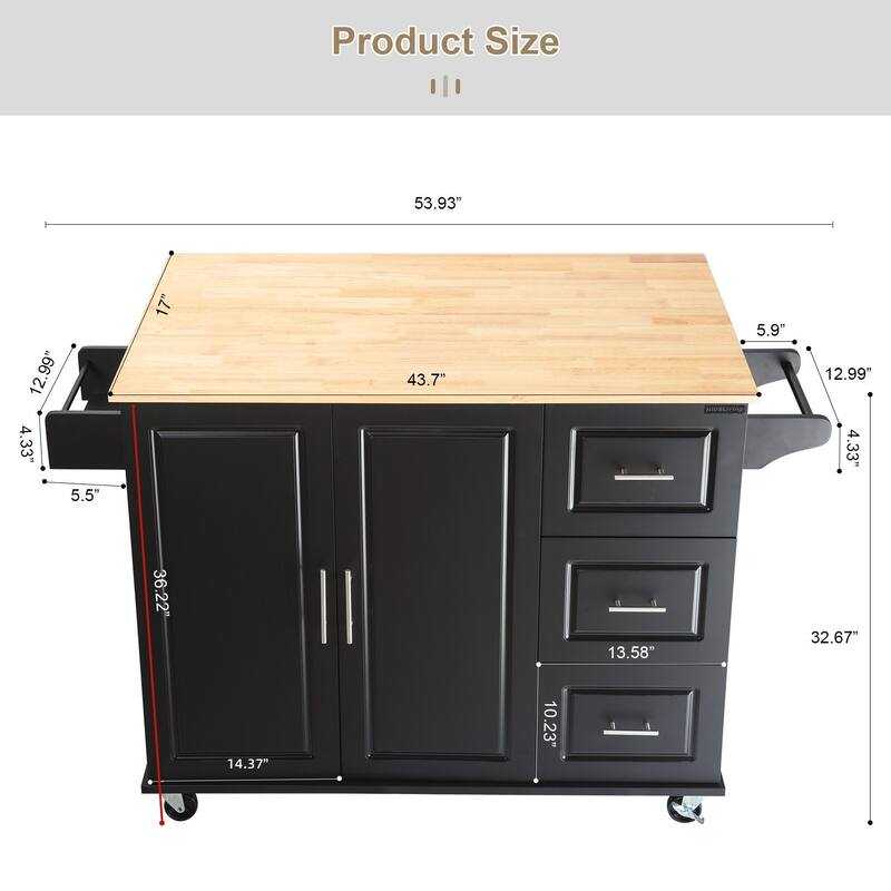 Kitchen Island with Extensible Wood Table Top, Mobile Island Table on Wheels, Kitchen Cart with Adjustable Shelf & 3 Drawers