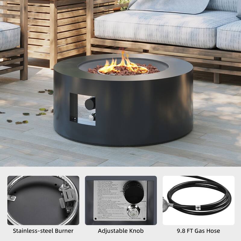 Patio Watcher Outdoor 28in. Round Iron Fire Pit Table with Propane Tank Cover