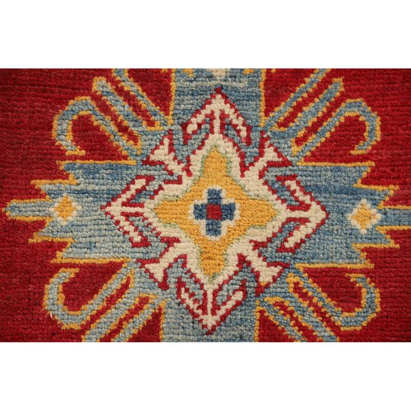 Geometric Red Kazak Oriental Foyer Rug Hand-Knotted Wool Carpet - 2'7" x 4'1"