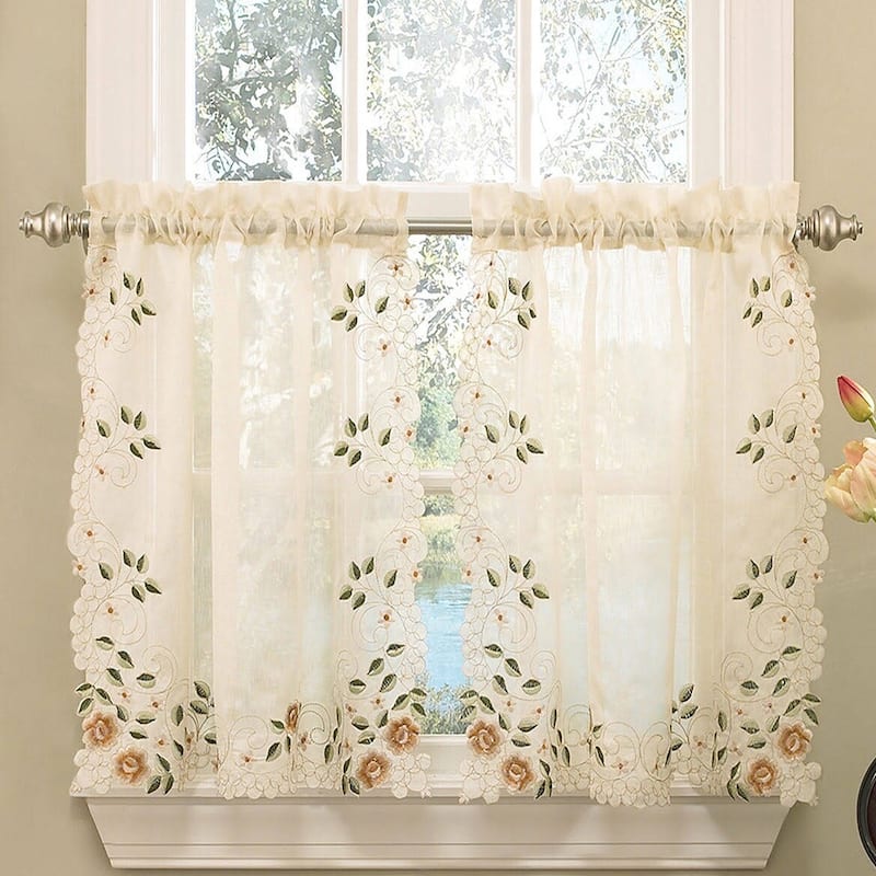 Sweet Home Collection Rosemary Linen Embroidered Kitchen Curtains - Swag, Tier & Valance - 24" Tier Panel Set