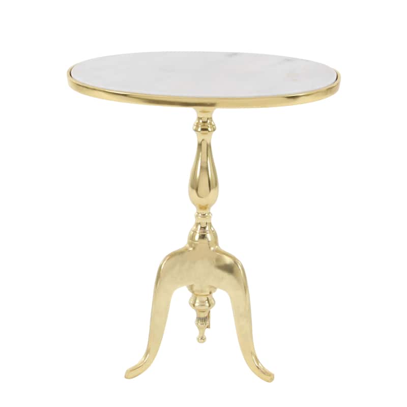 Aluminum Metal Turned Oval Accent Table with White Marble Top and Scroll Legs - Gold - Roche River Decor - 12"W x 19"L x 22"H