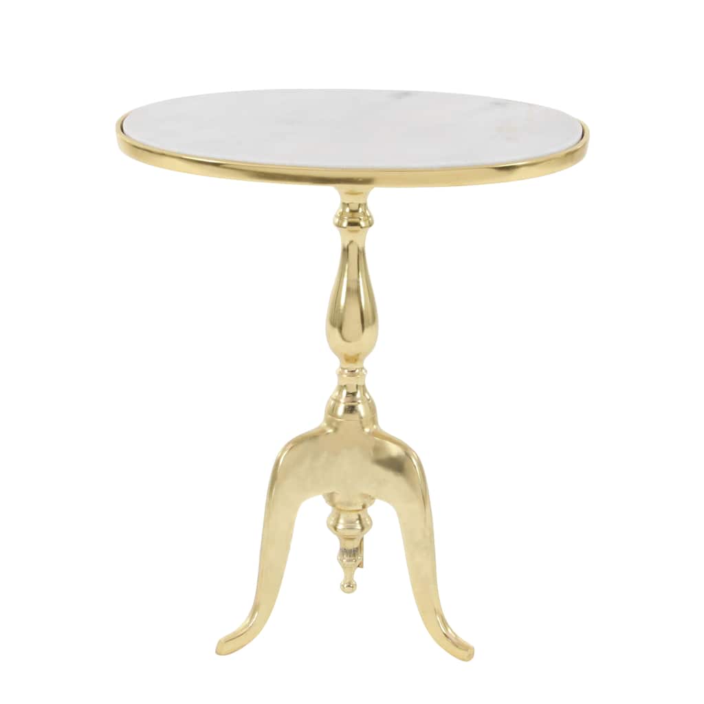 Aluminum Metal Turned Oval Accent Table with White Marble Top and Scroll Legs - Gold - Roche River Decor - 12"W x 19"L x 22"H