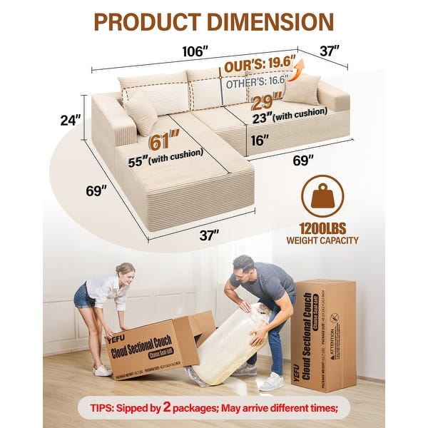 dimension image slide 1 of 9, WINSOON Plush Modular Sectional Sofa with Pillows