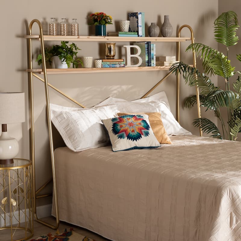 Merida Gold Metal and Brown Wood 2-Tier Over Bed Queen Size Shelf