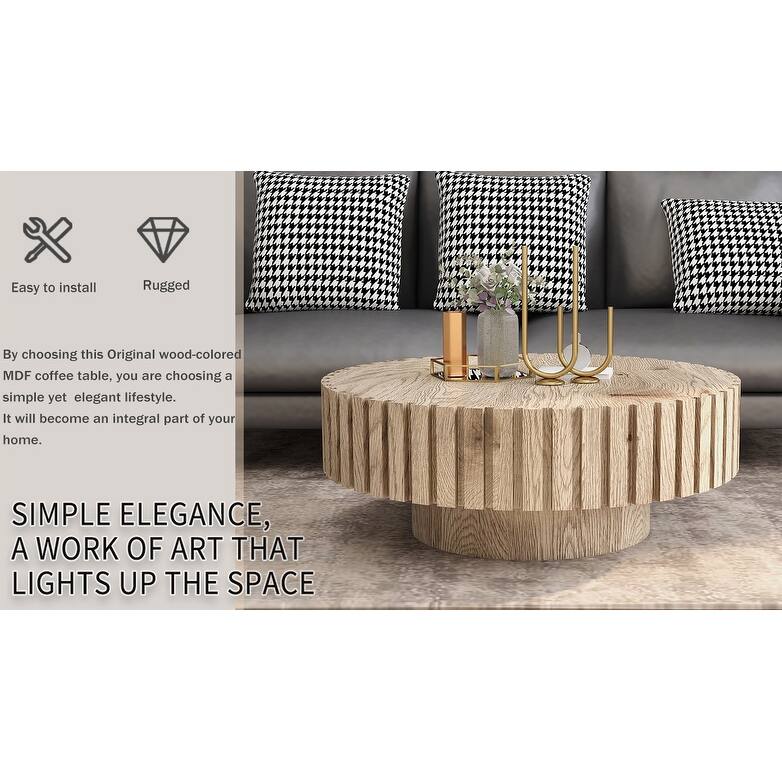 GDFStudio - Norwyn Minimalist Aesthetics Round Coffee Table with Sturdy Base and Handcrafted Relief Carving - 31.5"W