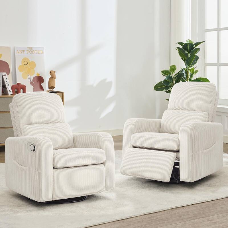 Swivel Manual Recliner Chair Teddy Fabric Nursery Glider Rocking Recliner Set of 2 - Corduroy - White