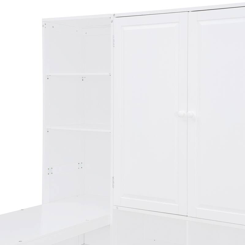 Wooden Daybed Frame All-in-One Bookcase Captains Bed with Storage Cabinet, Wardrobe, Side Writing Desk and 3 Bottom Drawers