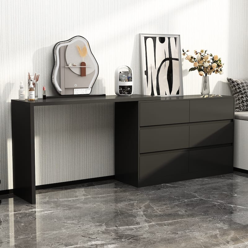 32.7"H Rotating Dresser and Desk 6 Drawer Dresser Makeup Vanity White/Black - Black