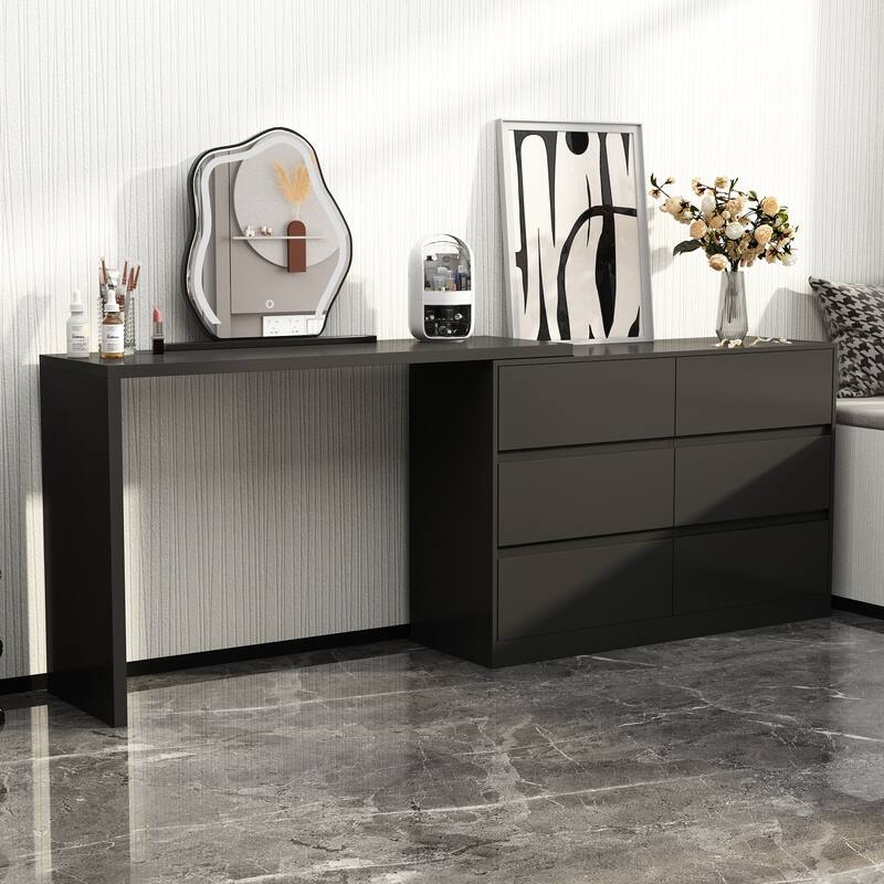 Timechee Home Rotating Dresser and Desk 6 Drawer Dresser Vanity Makeup - Black