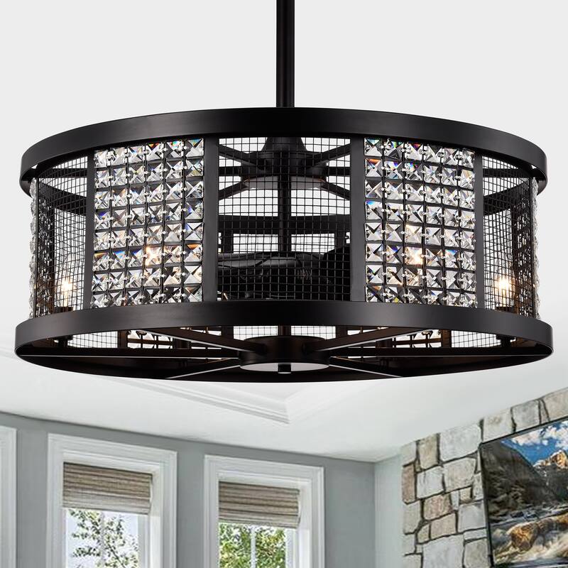 Hania Matte Black Ceiling Fan 29-Inch 6-Light Geometric Metal & Crystal Drum Shade (Includes Remote)