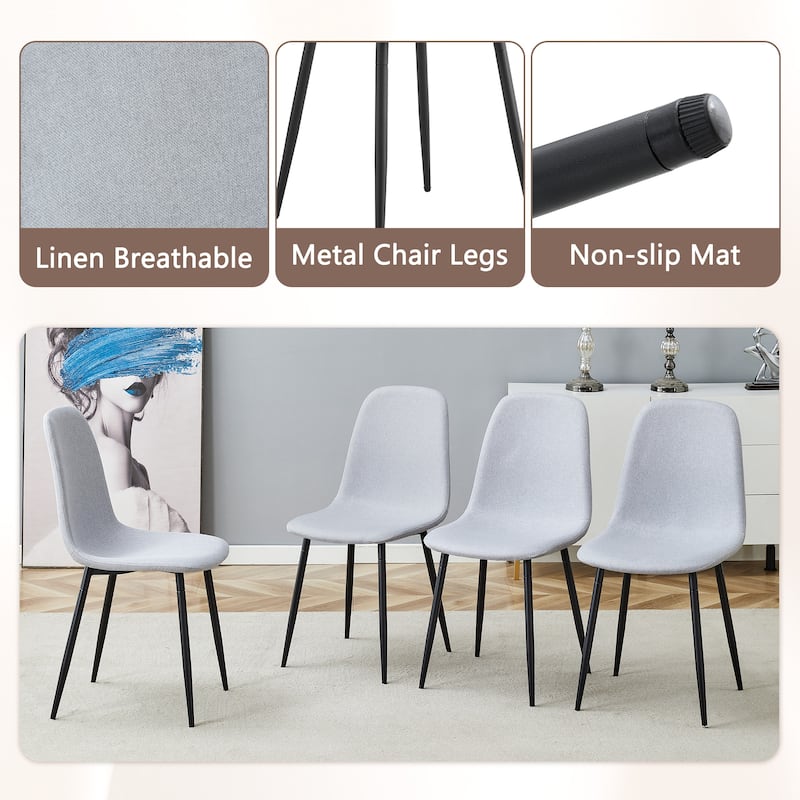 5-Piece 64.5" Black Wood Dining Table Set with Glass-Inlay Legs and 4 Linen-Cotton Chairs, Modern Dining Room Furniture