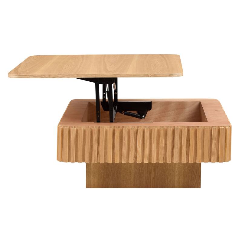 35.43 Inch Handcraft Drum Coffee Table Square Coffee Table,Lift Top Wooden Coffee Table with Hidden Storage Space - Natural Ash