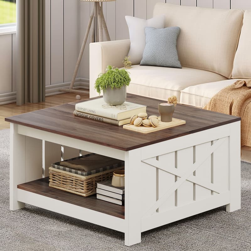 Moasis Farmhouse Coffee Table with Storage for Living Room Square Center Table - Walnut/White