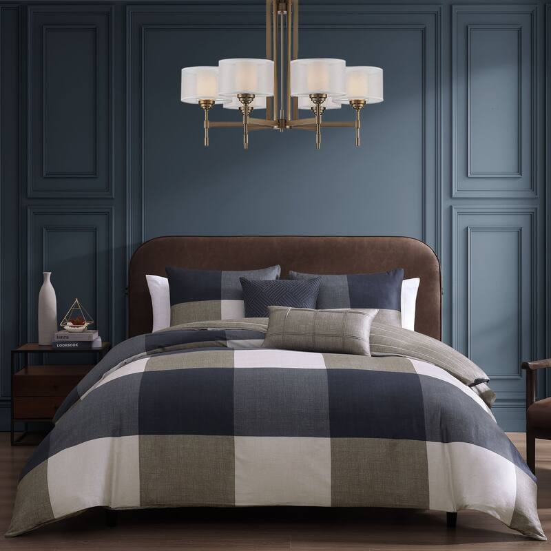 Bebejan Checkered Navy Tan 100% Cotton Sateen 5 Piece Reversible Comforter Set