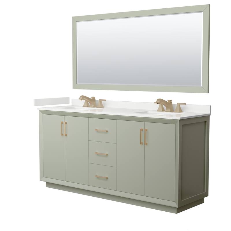 Strada 72-inch Double Vanity, Quartz Top, 70-inch Mirror - Light Green, Bronze Trim, White Quartz Top