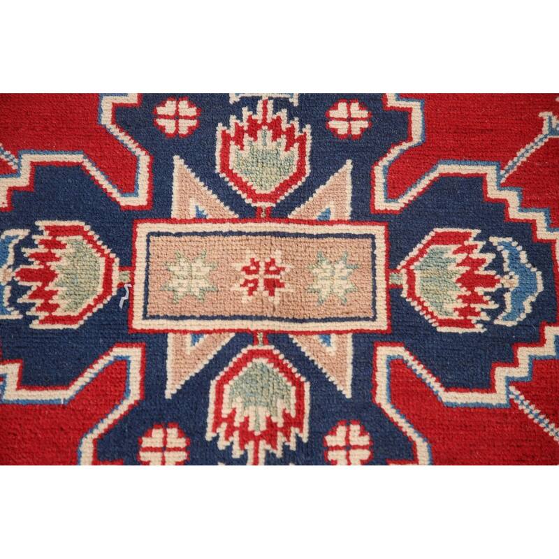 Red Geometric Kazak Area Rug Hand-Knotted Living Room Wool Carpet - 6'8" x 9'9"
