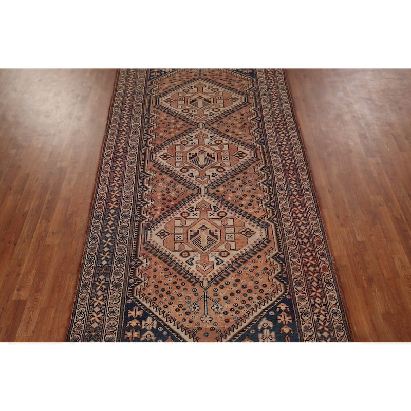 Geometric Bakhtiari Persian Vintage Rug Handmade Orange Wool Carpet - 4'11" x 10'0"