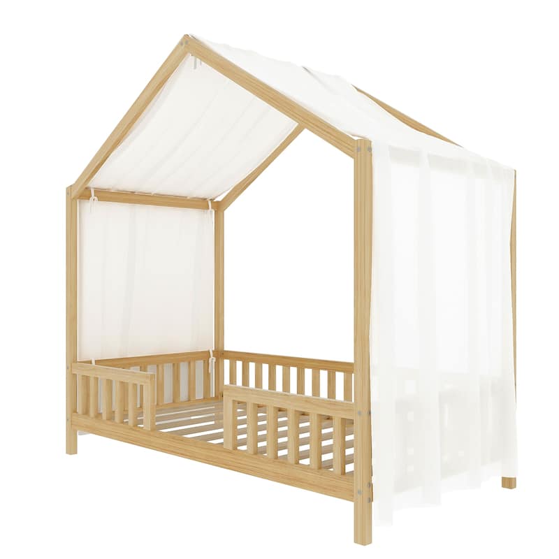 Montessori Toddler Bed Kids House Bed with Airy Canopy, Wood Bed Frame Bed Tent with 4 Full Guardrails, No Box Spring Needed