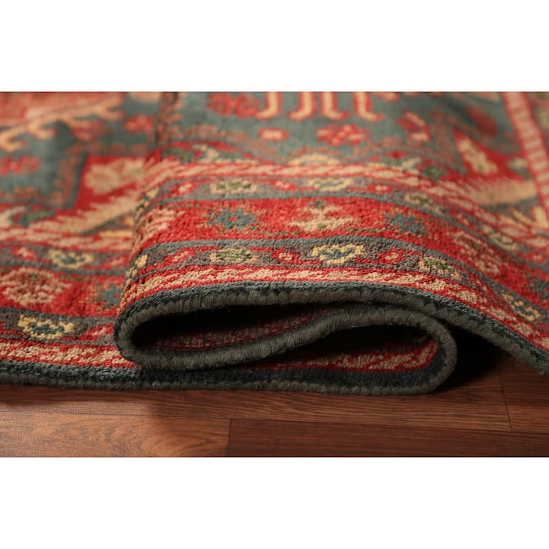Teal Geometric Kazak Oriental Rug Hand-Knotted Wool Carpet - 4'0"x 6'0"