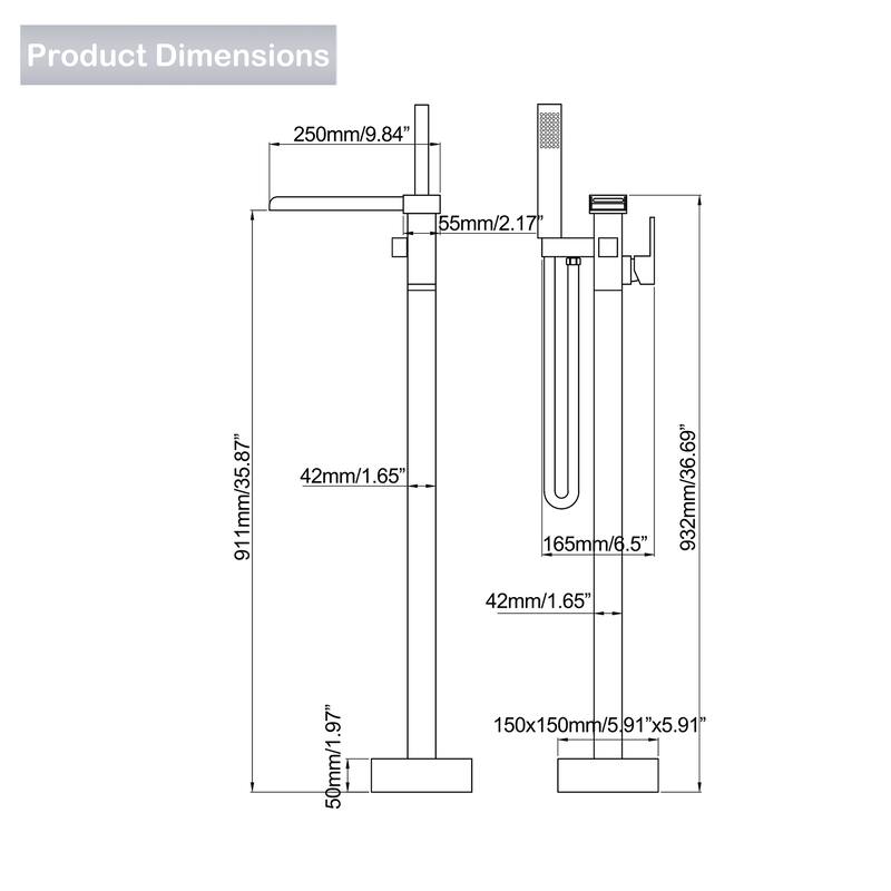 3-Way Waterfall Luxury Gold Floor-Mounted 36''H Freestanding Bathtub Faucet Set with Handheld Shower