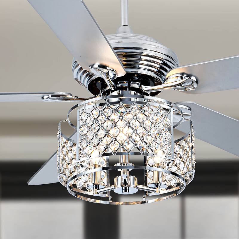Cusp Barn 52 Inch Crystal Ceiling Fan, Chrome Reversible Chandelier, Modern Silent AC Motor Lighting Fixture for Dining Room
