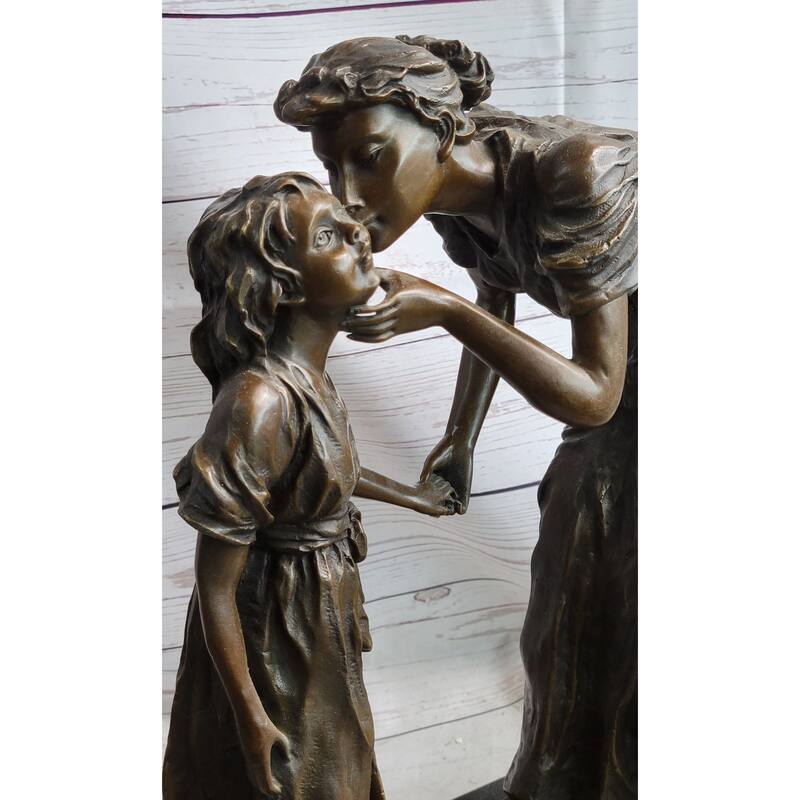 Mother Kissing Child Daughter Bronze Sculpture Statue Family Decor Signed Original Art