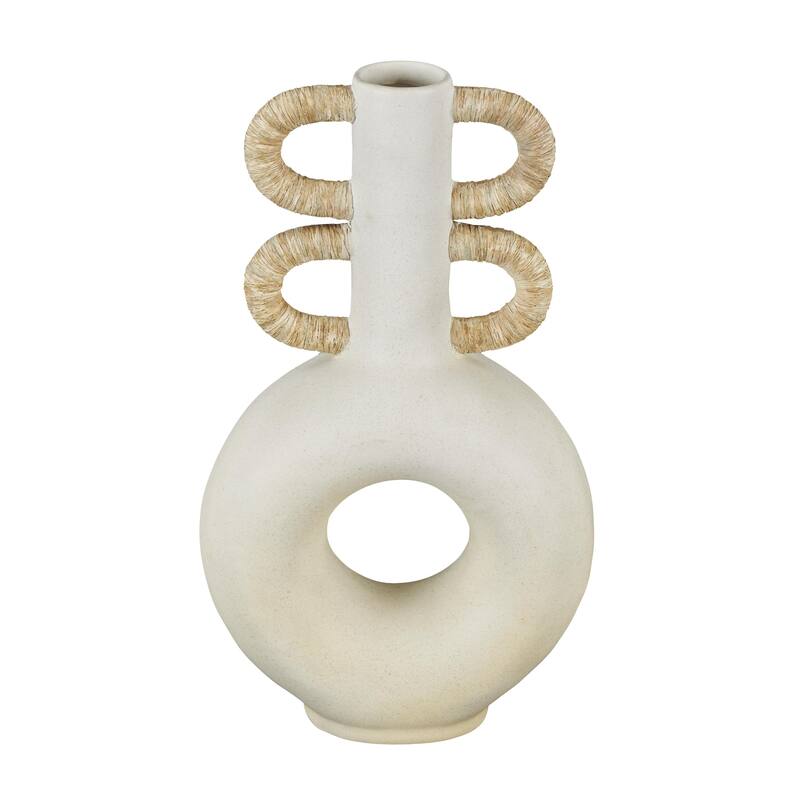Resin Round Speckled Decorative Vase with Woven Inspired Arched Handles and Cutout Opening - Cream - Roche River Decor - Cream - 9"W, 16"H