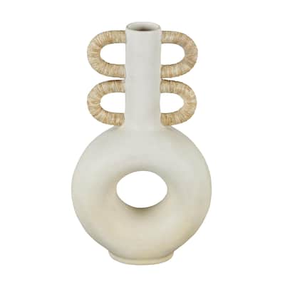 Resin Round Speckled Decorative Vase with Woven Inspired Arched Handles and Cutout Opening - Cream - Roche River Decor