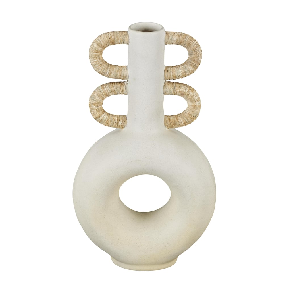 Resin Round Speckled Decorative Vase with Woven Inspired Arched Handles and Cutout Opening - Cream - Roche River Decor