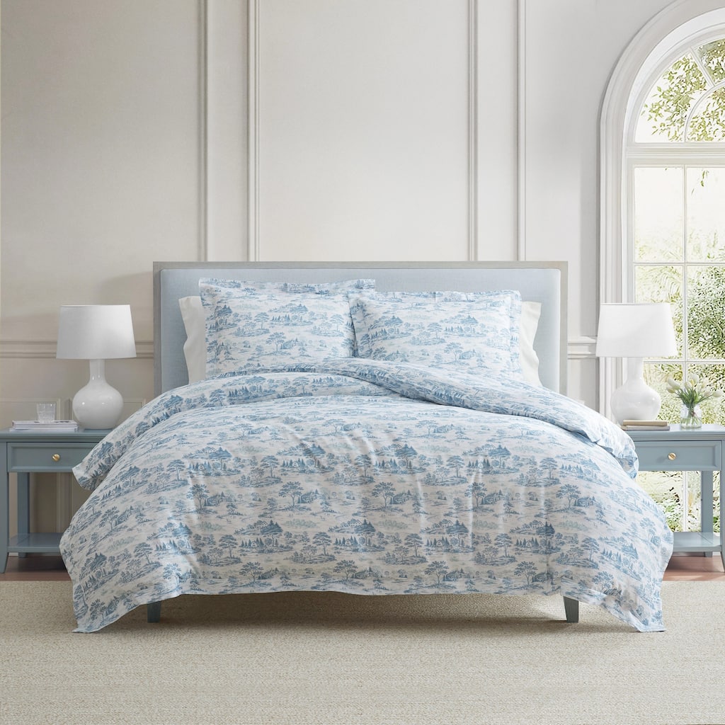 Martha Stewart Farmhouse Toile Cotton Reversible Blue Duvet Cover Set