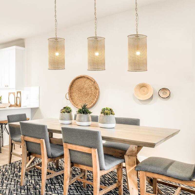 Farmhouse Mini Pendant Cylinder Rope Mesh Cage Kitchen Island Lights for Dining Room - 9.84" W x 19.29" H