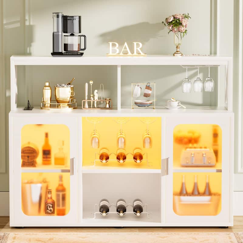 Buffet Sideboard Cabinet Wood Coffee Bar Cabinet with Charging Station and LED lights - White