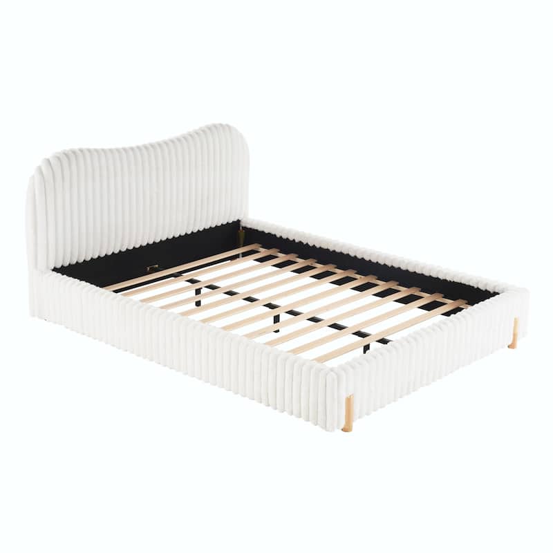 Sleek White Bouclé Upholstered Bed with Wavy Headboard & Vertical Stitching