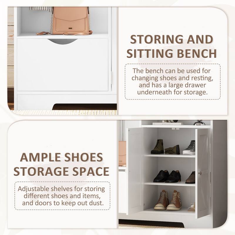 Elegant Hall Tree Hallway Shoe Cabinet with Storage Bench, Shelves, Drawers, and Coat Rack for Entryway, Hallway Organizer