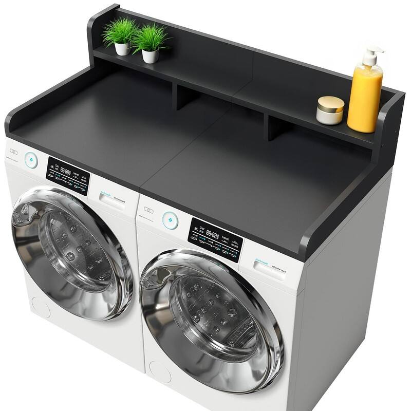 2-Tier Washer Dryer Countertop, 54" W x 27.5" D Laundry Countertop for Folding Clothes, Dual Storage & Edge Guard - Black