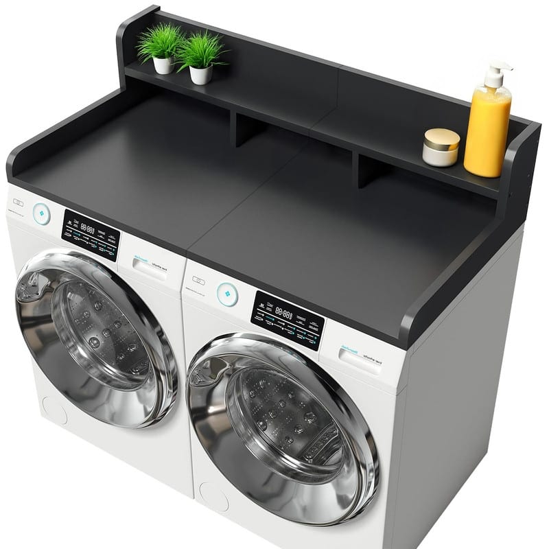 2-Tier Washer Dryer Countertop, 54" W x 27.5" D Laundry Countertop for Folding Clothes, Dual Storage & Edge Guard