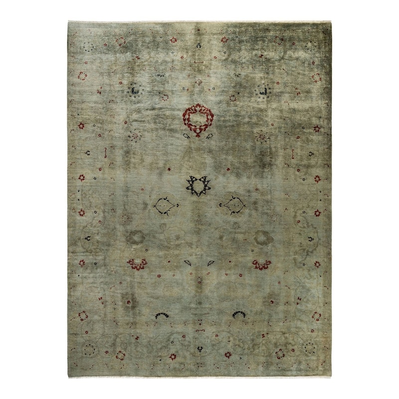 Overton Hand Knotted Wool Vintage Inspired Modern Contemporary Overdyed Green Area Rug - 8' 10" x 11' 7"