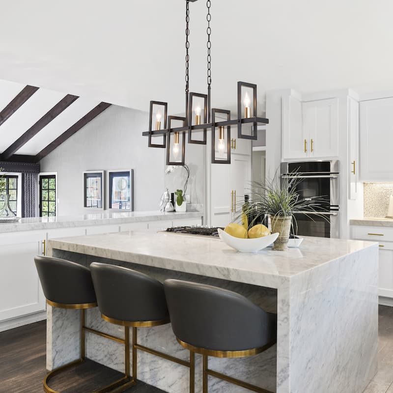 5-light Modern Black Gold Kitchen Island Geometrical Candle Chandelier Linear Penant Light - L31.5" x W4" x H74"