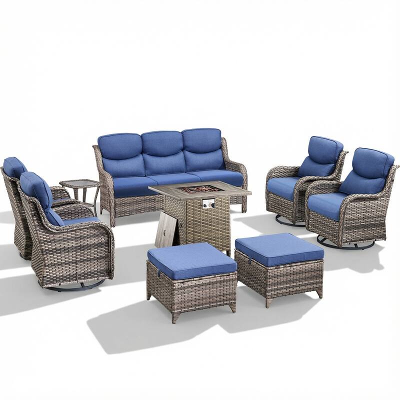 Pocassy Outdoor Propane Fire Table w/ Sofa Swivel Chair Ottoman Funiture Set.
