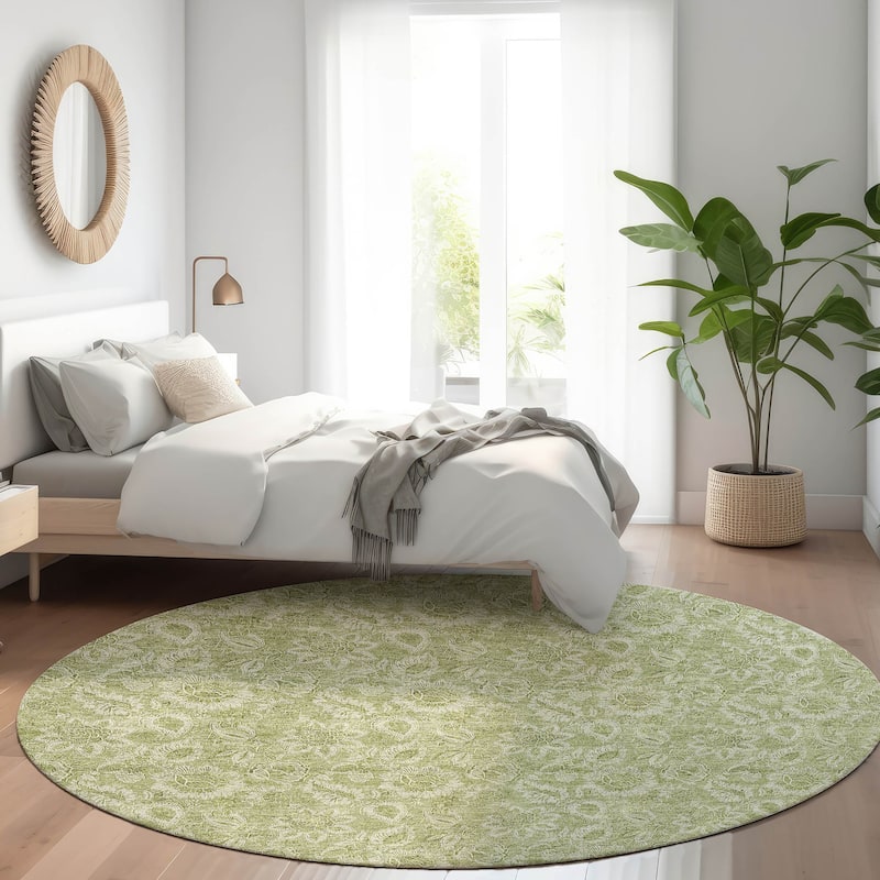 Machine Washable Indoor/ Outdoor Chantille Floral Farmhouse Rug - Aloe - 8' x 8'