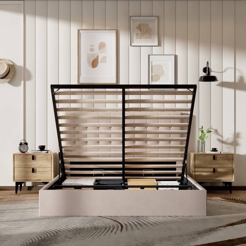 Plywood Frame Upholstered Platform Bed with Lift-up Storage