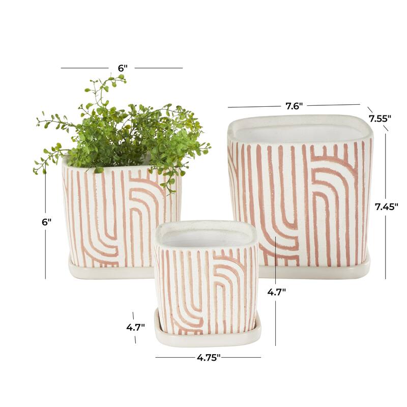 Black, Green or Pink Ceramic Arched Patterned Geometric Indoor Outdoor Planter with Attached Saucer (Set of 3)